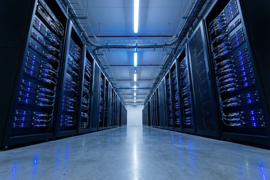 Data center server racks with blue lighting